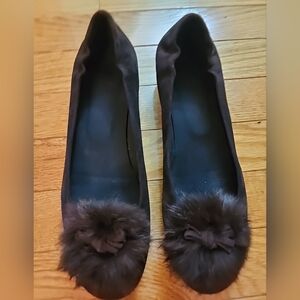 Stuart Weitzman Brown Suede Flat Women's Shoes with Fur Pom Pom  Detail